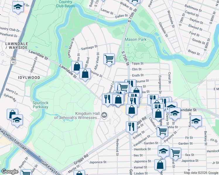 map of restaurants, bars, coffee shops, grocery stores, and more near 2035 Santa Rosa Street in Houston