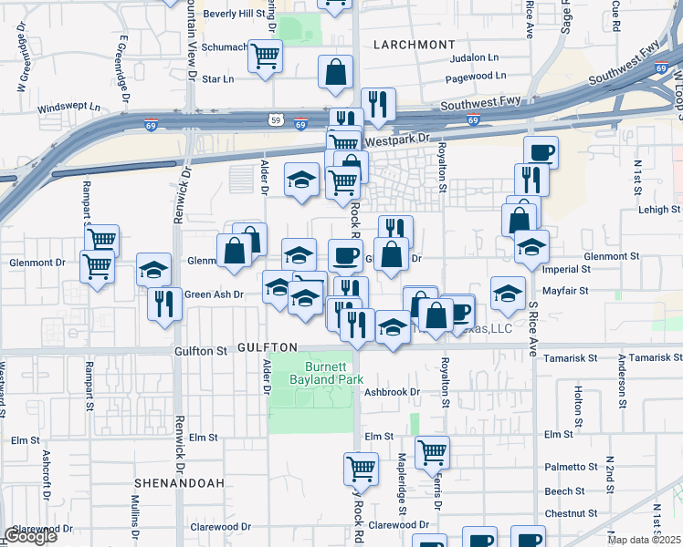 map of restaurants, bars, coffee shops, grocery stores, and more near 5716 Chimney Rock Road in Houston