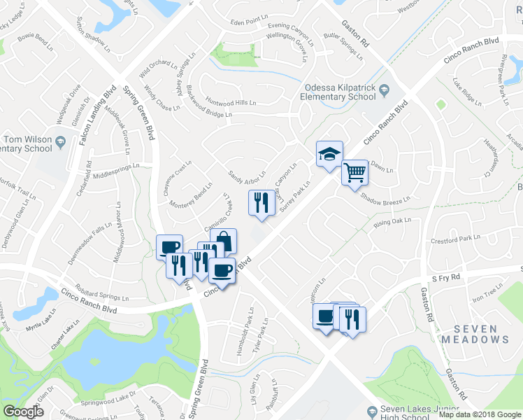 map of restaurants, bars, coffee shops, grocery stores, and more near 4906 Sandalia Court in Katy