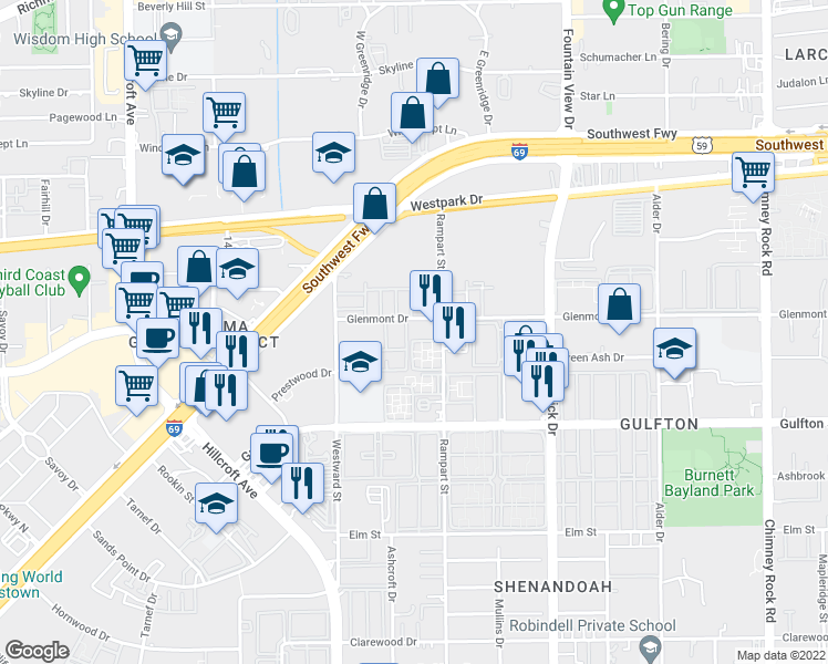 map of restaurants, bars, coffee shops, grocery stores, and more near 6103 Glenmont Drive in Houston