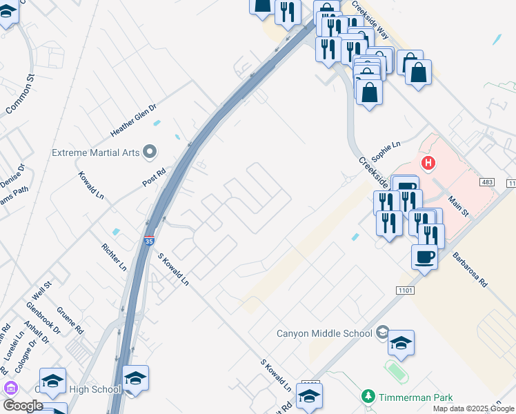 map of restaurants, bars, coffee shops, grocery stores, and more near 180 Dove Crest Loop in New Braunfels