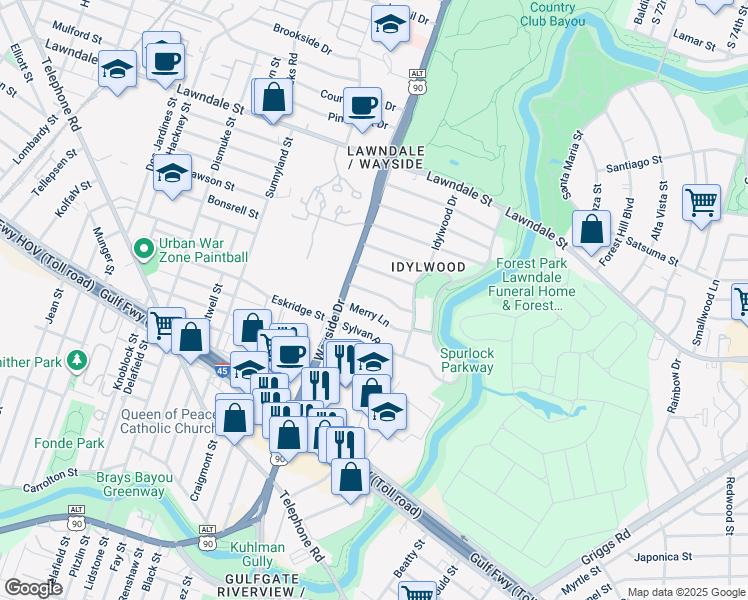 map of restaurants, bars, coffee shops, grocery stores, and more near 6642 Rockbridge Lane in Houston