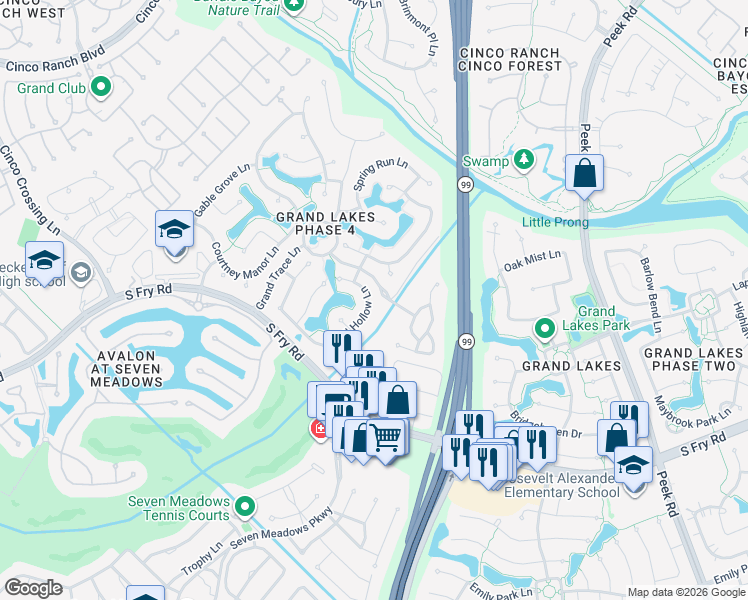 map of restaurants, bars, coffee shops, grocery stores, and more near 3903 Bell Hollow Lane in Katy