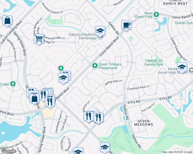 map of restaurants, bars, coffee shops, grocery stores, and more near 5018 Raven Forest Lane in Katy