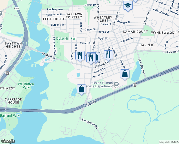 map of restaurants, bars, coffee shops, grocery stores, and more near 806 Bolster St in Baytown
