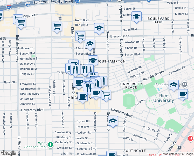 map of restaurants, bars, coffee shops, grocery stores, and more near 5122 Morningside Drive in Houston