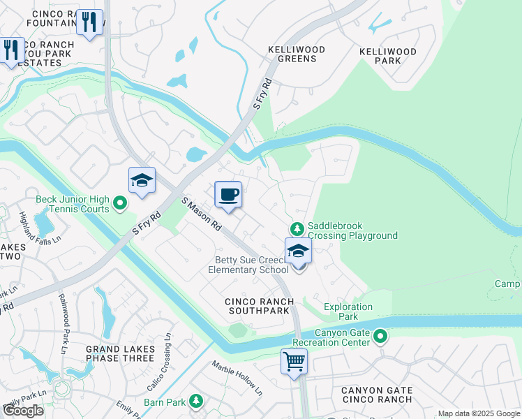 map of restaurants, bars, coffee shops, grocery stores, and more near 5210 Hanneck Valley Lane in Katy
