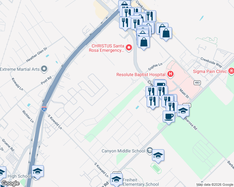 map of restaurants, bars, coffee shops, grocery stores, and more near Indian Grass Drive in New Braunfels