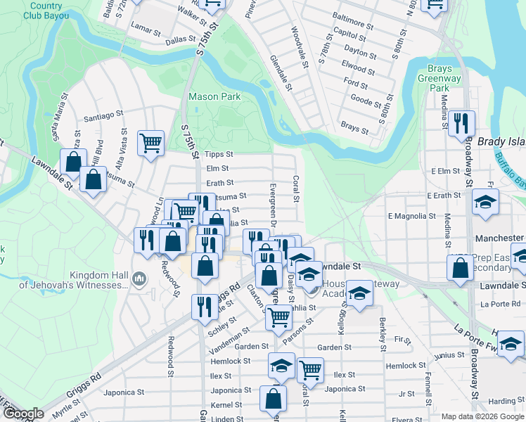 map of restaurants, bars, coffee shops, grocery stores, and more near 7634 Azalea Street in Houston