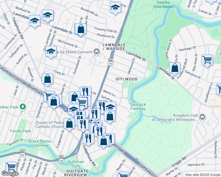 map of restaurants, bars, coffee shops, grocery stores, and more near 6642 Rockbridge Lane in Houston