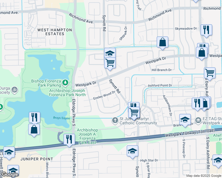 map of restaurants, bars, coffee shops, grocery stores, and more near 13219 Ascot Glen Lane in Houston