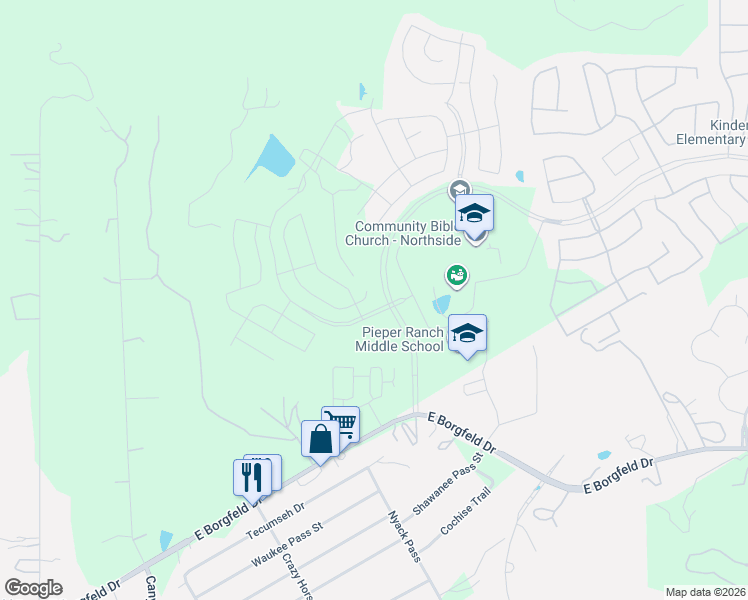 map of restaurants, bars, coffee shops, grocery stores, and more near 28402 Shailene Drive in San Antonio