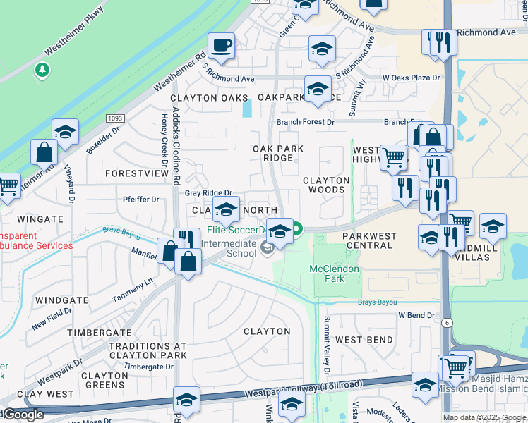 map of restaurants, bars, coffee shops, grocery stores, and more near 3535 Green Crest Drive in Houston