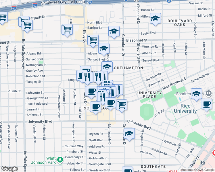 map of restaurants, bars, coffee shops, grocery stores, and more near 2405 Tangley Street in Houston