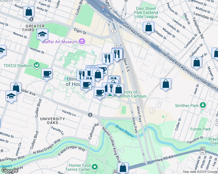 map of restaurants, bars, coffee shops, grocery stores, and more near 4801 Calhoun Road in Houston