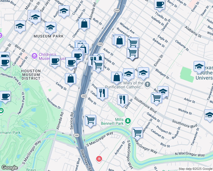 map of restaurants, bars, coffee shops, grocery stores, and more near 2505 Oakdale Street in Houston
