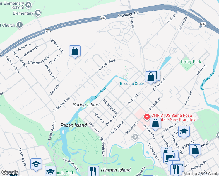 map of restaurants, bars, coffee shops, grocery stores, and more near 105 East Edgewater Terrace in New Braunfels