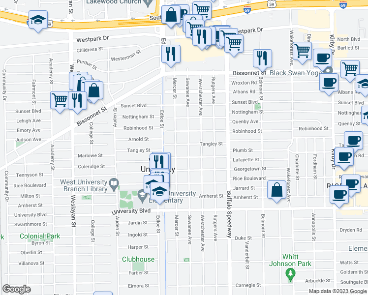 map of restaurants, bars, coffee shops, grocery stores, and more near 3505 Tangley Street in West University Place