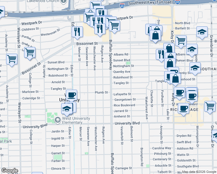 map of restaurants, bars, coffee shops, grocery stores, and more near 5806 Buffalo Speedway in Houston