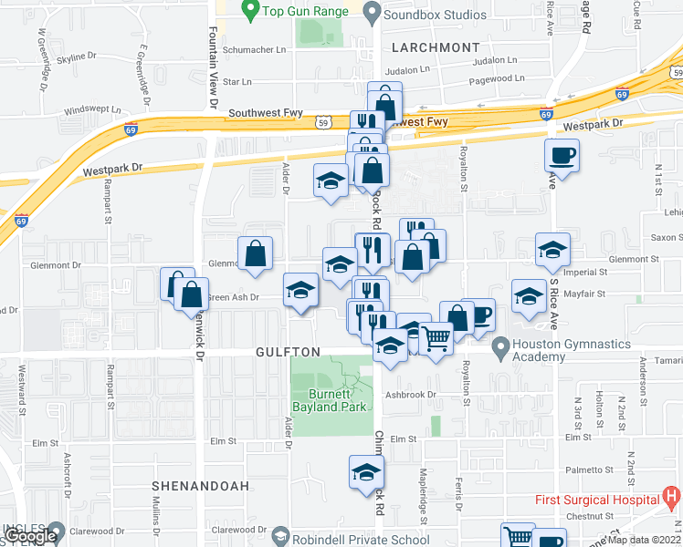 map of restaurants, bars, coffee shops, grocery stores, and more near 5521 Glenmont Drive in Houston