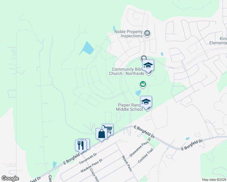 map of restaurants, bars, coffee shops, grocery stores, and more near 28402 Shailene Drive in San Antonio
