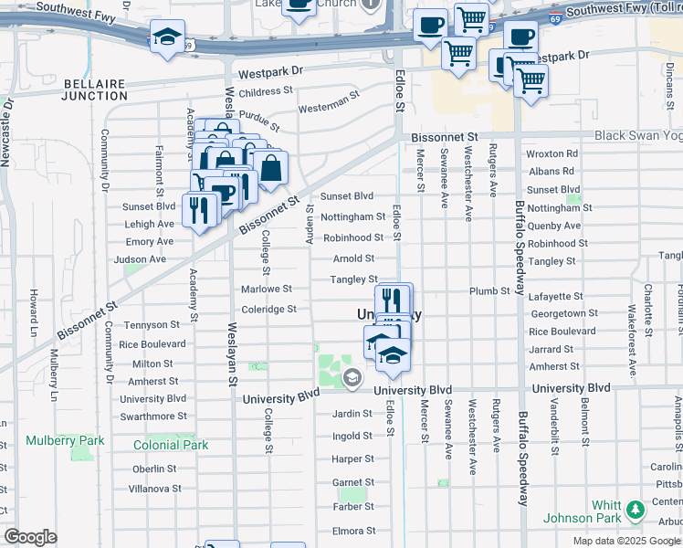 map of restaurants, bars, coffee shops, grocery stores, and more near 3756 Tangley Street in West University Place