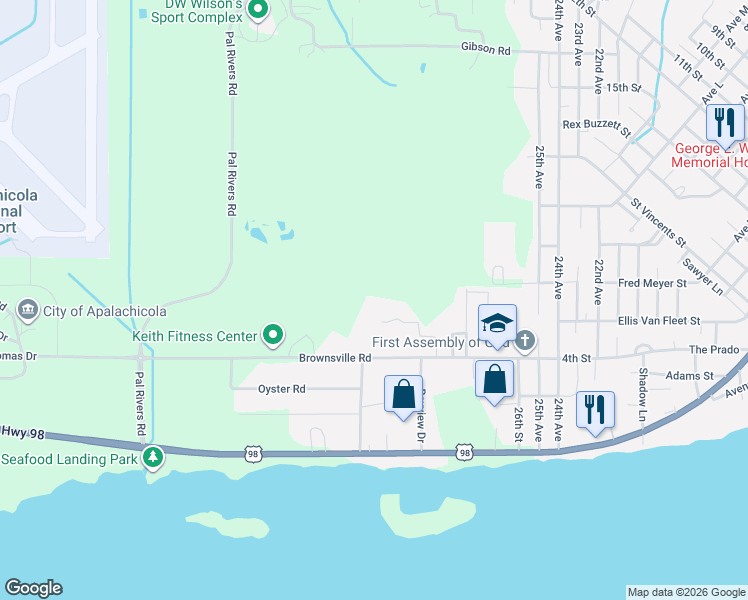 map of restaurants, bars, coffee shops, grocery stores, and more near 48 Dunnaway Lane in Apalachicola