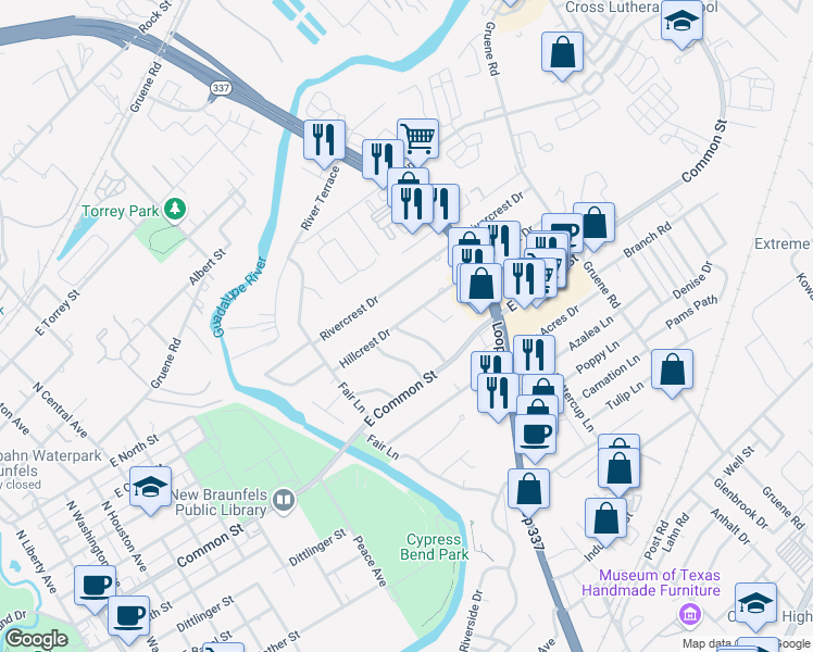 map of restaurants, bars, coffee shops, grocery stores, and more near 1244 Hillcrest Drive in New Braunfels