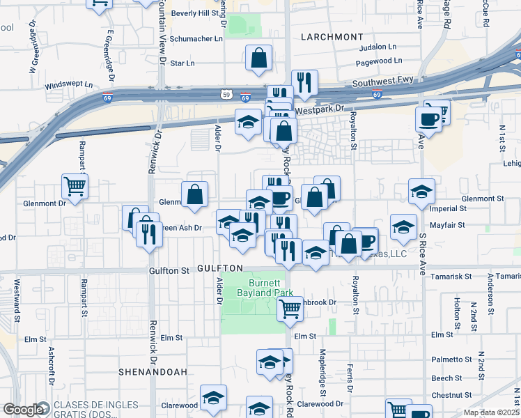 map of restaurants, bars, coffee shops, grocery stores, and more near 5521 Glenmont Drive in Houston