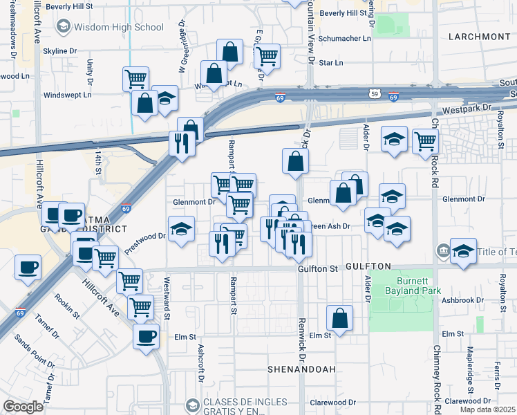 map of restaurants, bars, coffee shops, grocery stores, and more near 6039 Glenmont Drive in Houston