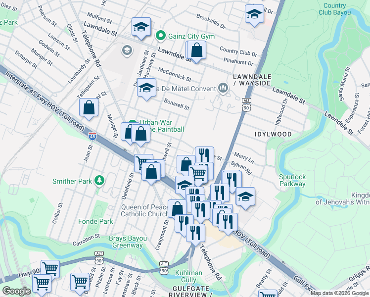 map of restaurants, bars, coffee shops, grocery stores, and more near 5722 Newport Street in Houston