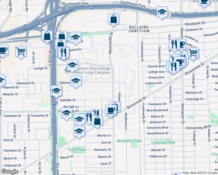 map of restaurants, bars, coffee shops, grocery stores, and more near 118 Phanturn Lane in Bellaire