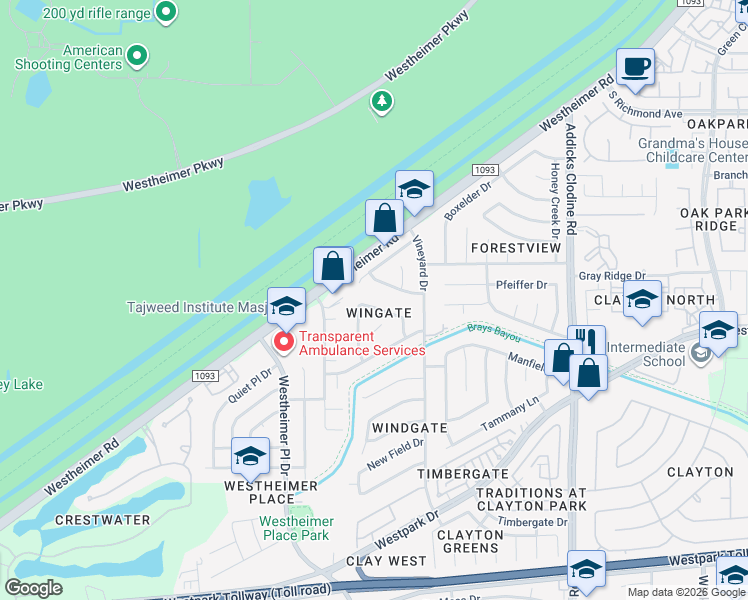 map of restaurants, bars, coffee shops, grocery stores, and more near 16106 Glen Mar Drive in Houston