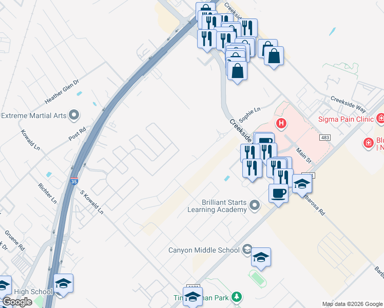 map of restaurants, bars, coffee shops, grocery stores, and more near Indian Grass Drive in New Braunfels