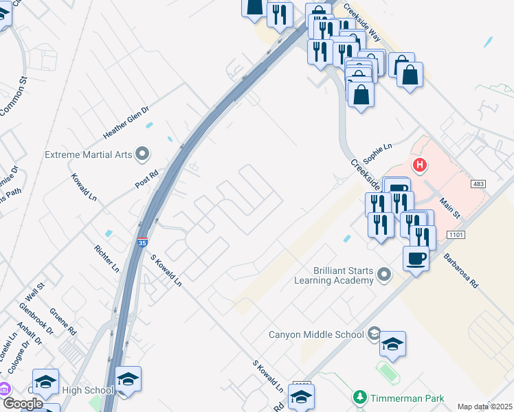 map of restaurants, bars, coffee shops, grocery stores, and more near 180 Dove Crest Loop in New Braunfels
