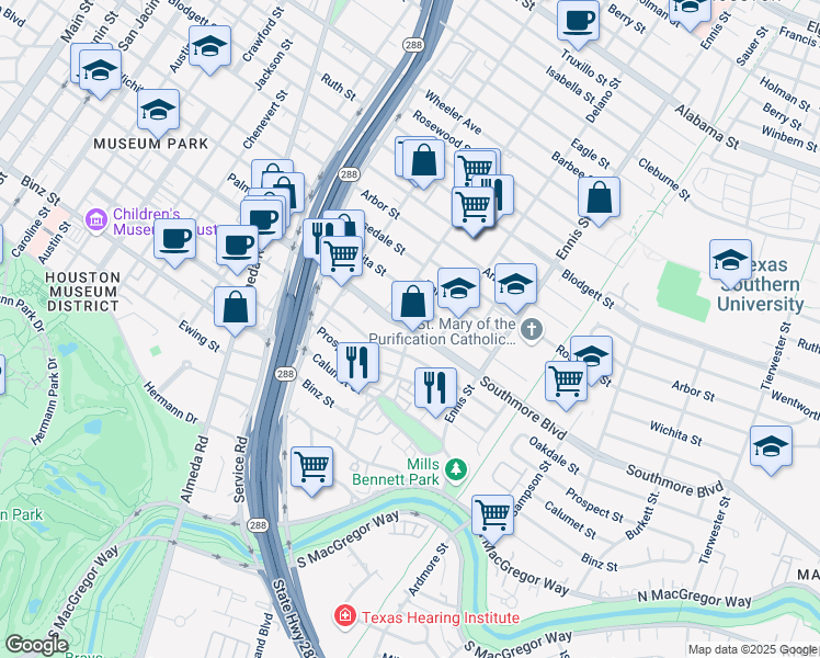 map of restaurants, bars, coffee shops, grocery stores, and more near Southmore Blvd & Live Oak St in Houston