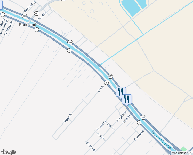 map of restaurants, bars, coffee shops, grocery stores, and more near 103 Double H Drive in Raceland