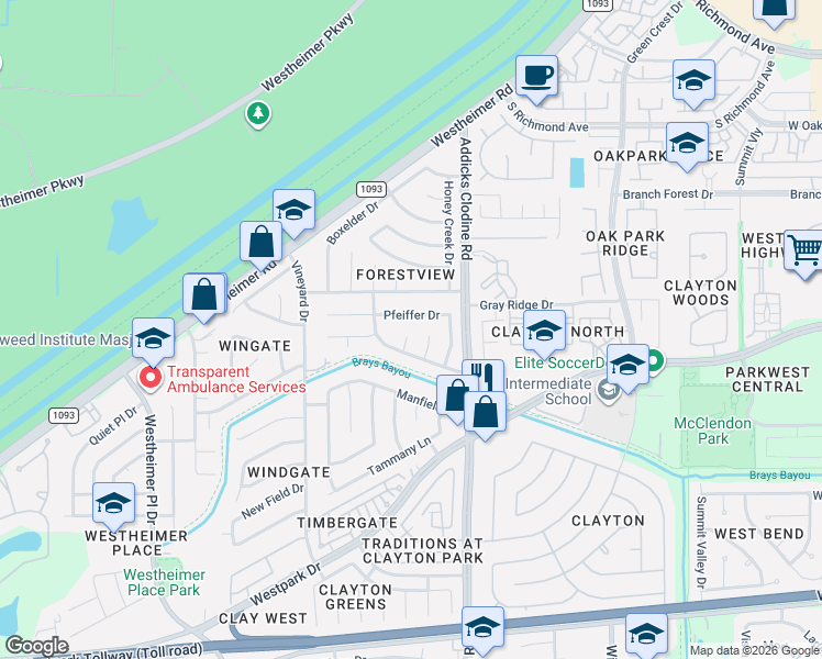 map of restaurants, bars, coffee shops, grocery stores, and more near 3611 Macon Place Court in Houston