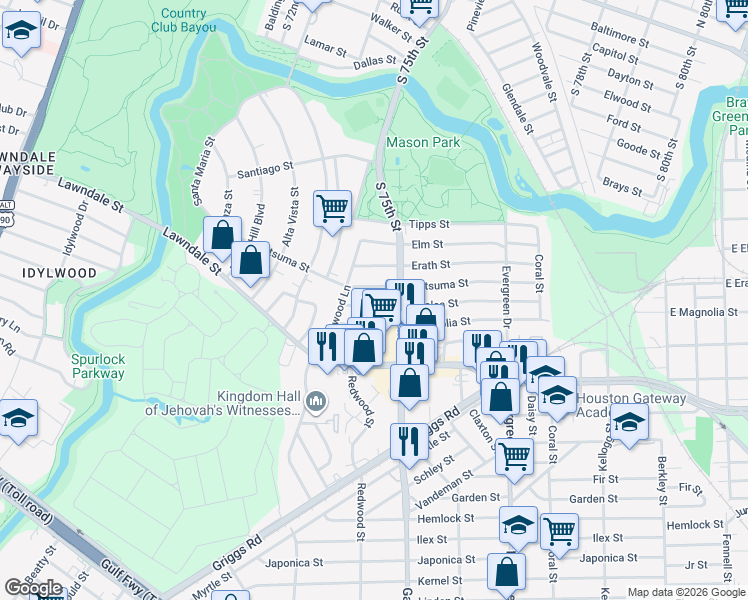 map of restaurants, bars, coffee shops, grocery stores, and more near 7420 Azalea Street in Houston
