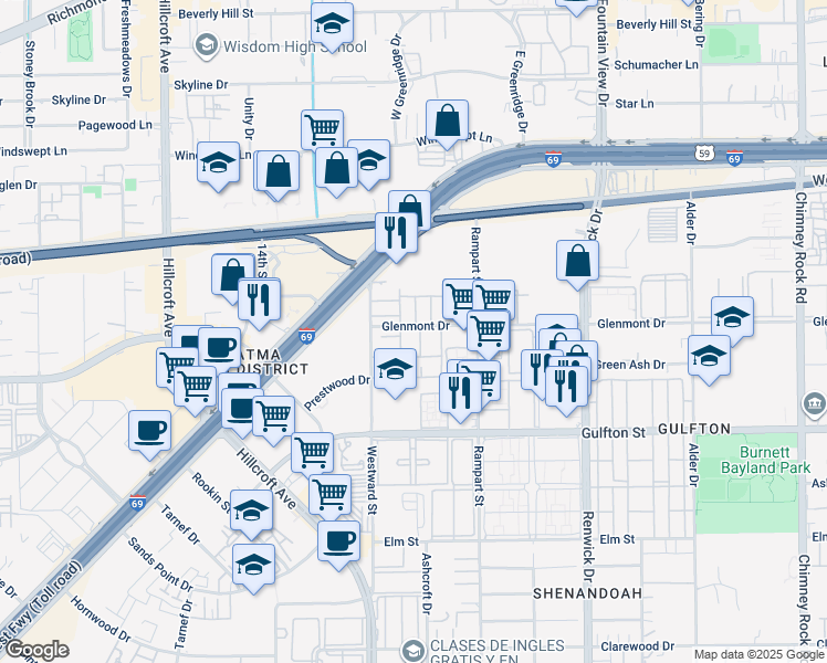 map of restaurants, bars, coffee shops, grocery stores, and more near 140 Glenmont Drive in Houston