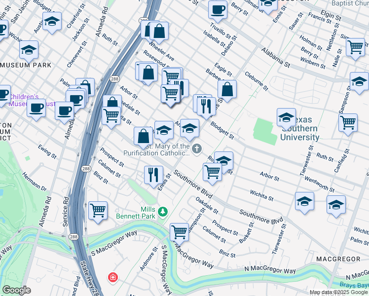 map of restaurants, bars, coffee shops, grocery stores, and more near 2909 Wichita Street in Houston