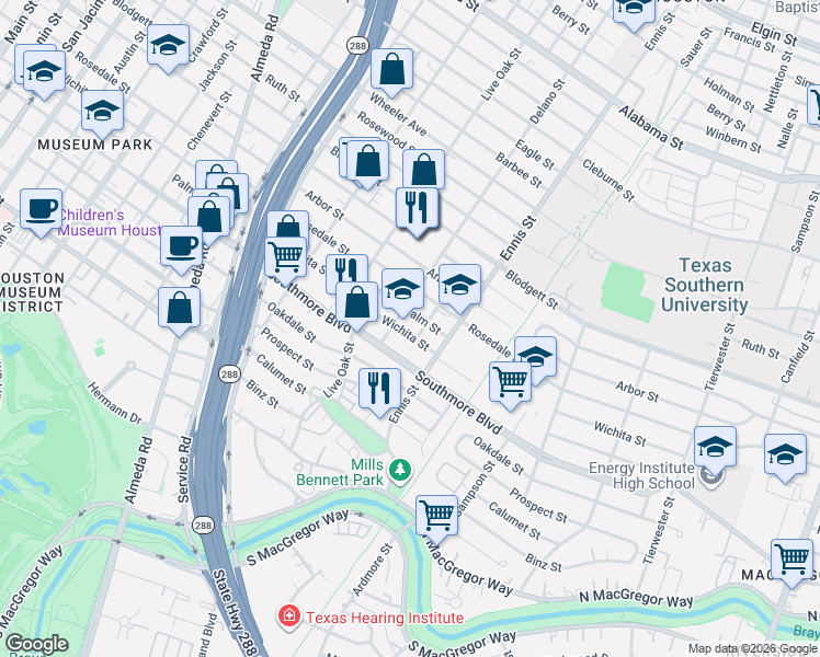 map of restaurants, bars, coffee shops, grocery stores, and more near 5109 Delano Street in Houston