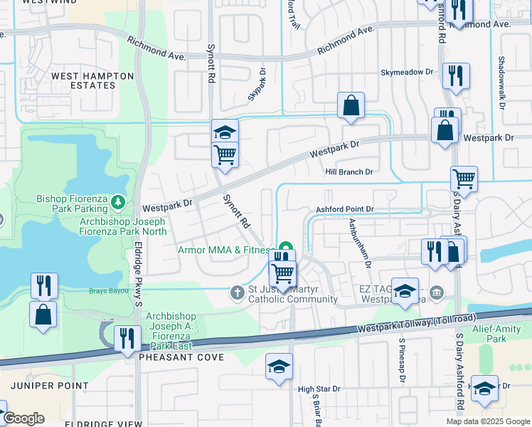 map of restaurants, bars, coffee shops, grocery stores, and more near 3803 Synott Road in Houston