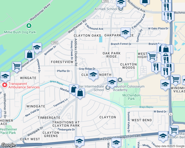 map of restaurants, bars, coffee shops, grocery stores, and more near 15505 Dahlia Field Way in Houston