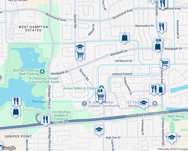 map of restaurants, bars, coffee shops, grocery stores, and more near 3803 Synott Road in Houston