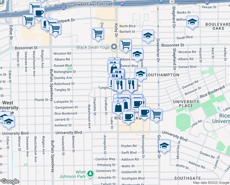 map of restaurants, bars, coffee shops, grocery stores, and more near 5820 Lake Street in Houston