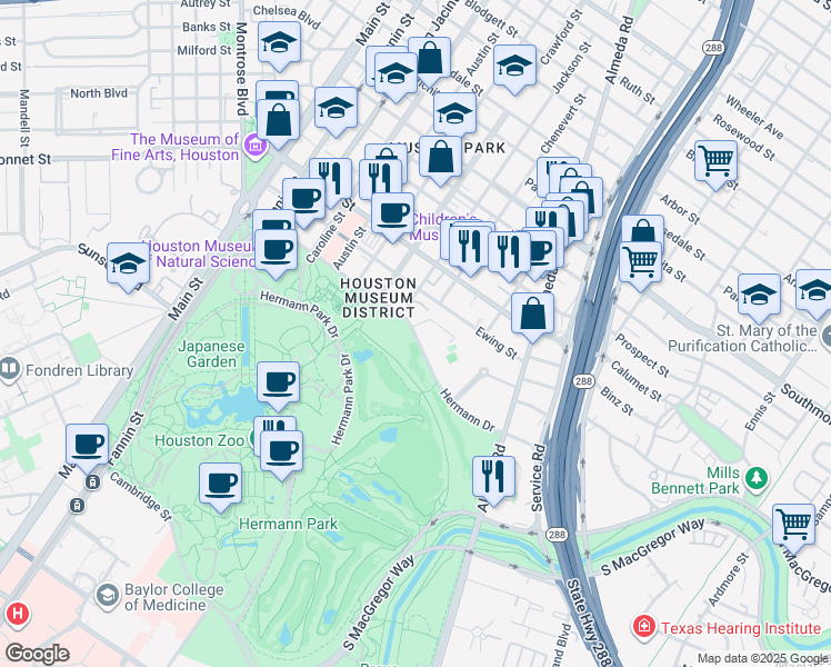 map of restaurants, bars, coffee shops, grocery stores, and more near 1777 Hermann Drive in Houston