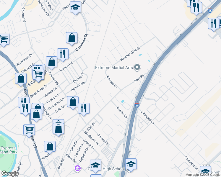 map of restaurants, bars, coffee shops, grocery stores, and more near 1843 Post Road in New Braunfels