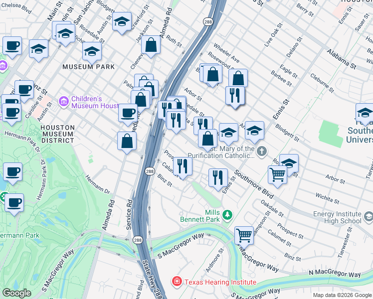 map of restaurants, bars, coffee shops, grocery stores, and more near 2505 Oakdale Street in Houston