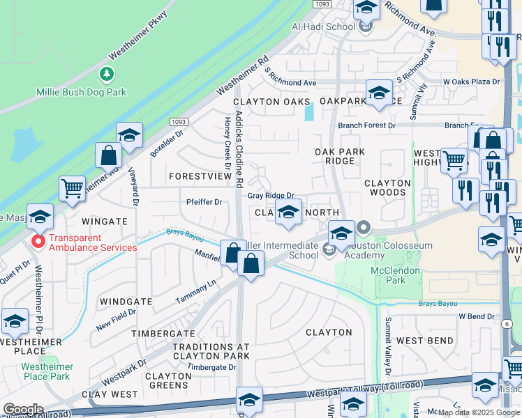 map of restaurants, bars, coffee shops, grocery stores, and more near 15505 Dahlia Field Way in Houston